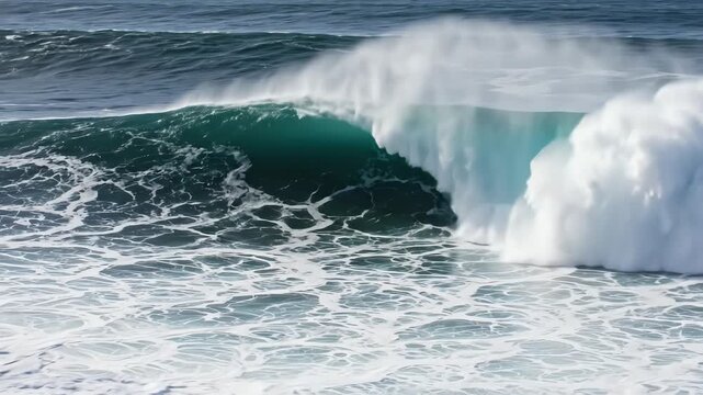 A powerful ocean wave curls and crashes, creating a dramatic display of white foam against the deep blue sea.