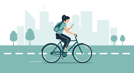 Fototapeta premium Woman cycling in city, looking at phone, urban commute, active lifestyle