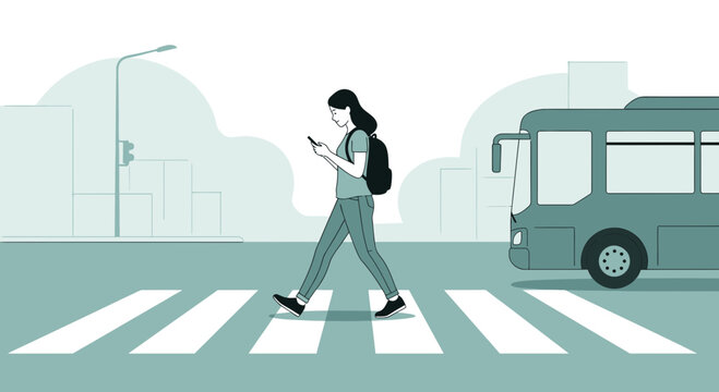 Woman crossing street on phone at crosswalk with bus approaching