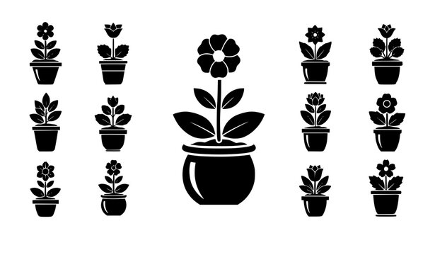 Potted plant silhouette icon collection flower pot vector isolated on white