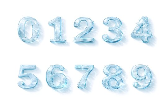 Water numbers 0 to 9 isolated on white background with fresh summer style