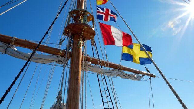 Flags wave on ship mast with ropes under sunny blue sky with Swedish and Canadian flags