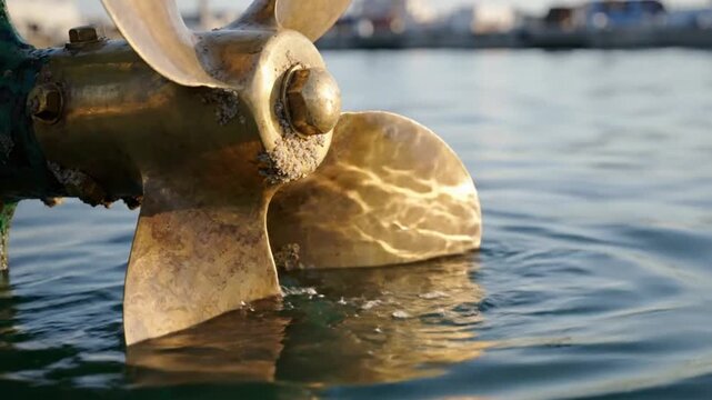 A rusty boat propeller submerged in calm water with gentle ripples and blurred background scenery