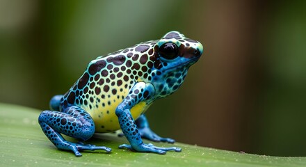Obraz premium Vibrant poison dart frog showcases striking blue and patterned skin atop a leafy green surface