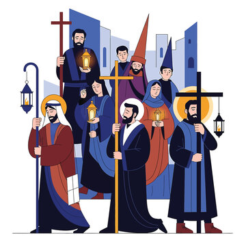 Group of monks with religious symbols.