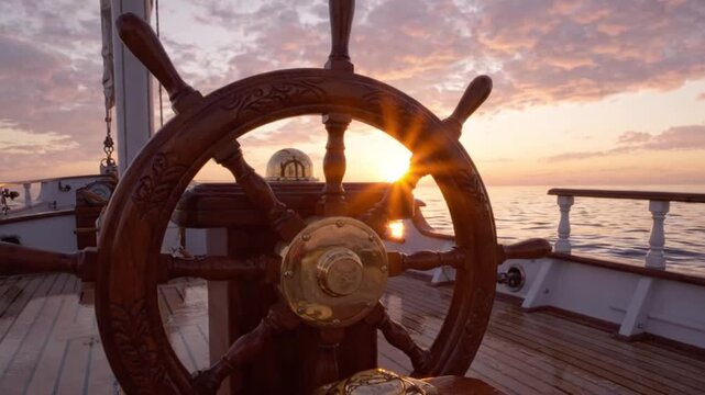 Rusty ship wheel on a boat deck at sunset over calm waters with a railing