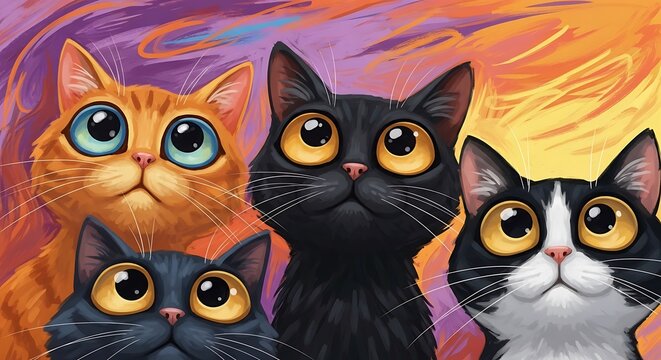Whimsical illustration of four cats with large, expressive eyes against a colorful background