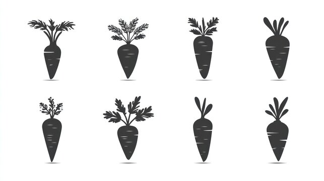 Collection of eight stylized silhouettes depicting root vegetables with varying leafy tops
