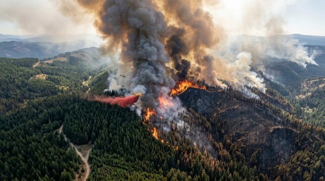 Devastating Forest Fire Raging Through Lush Green Trees with Thick Smoke Plumes.