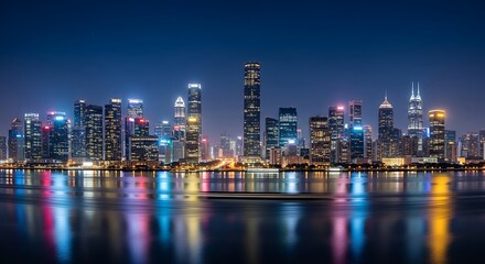 Fototapeta premium vibrant city skyline illuminated at night, with skyscrapers reflecting colorful lights on the calm water below.