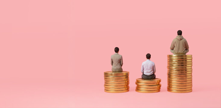 Income inequality concept with people sitting on stacked coins, wealth gap and economic disparity