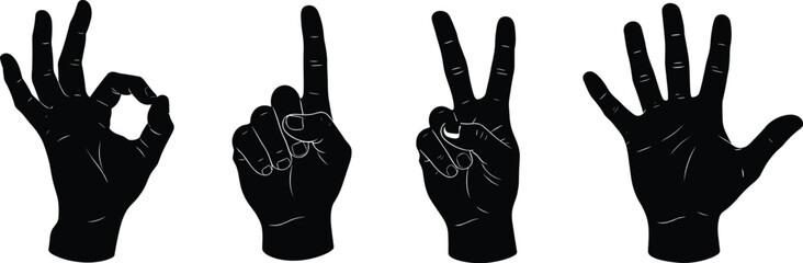 hand gesture silhouettes set, counting fingers signs, human communication symbols, black isolated vector, sign language concept, counting numbers gestures illustration © Yousuf