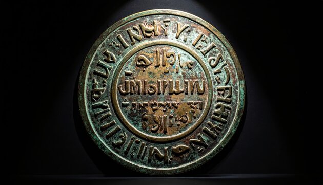 A circular bronze plaque featuring engraved Phoenician alphabet characters with notable verdigris patina