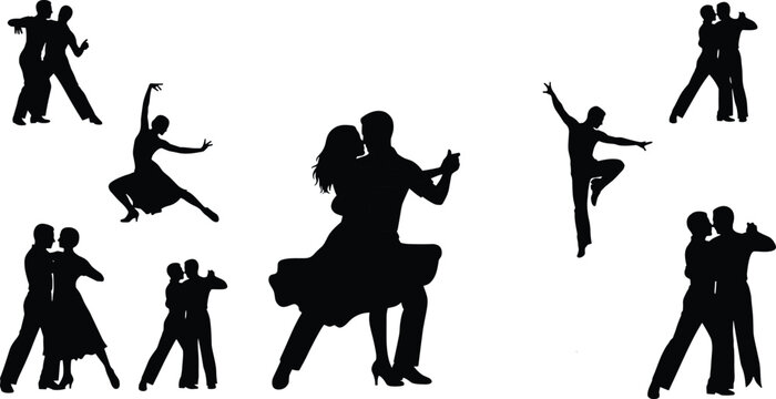 dance couple silhouettes set, ballroom dancers collection, romantic partner poses, elegant movement illustration, isolated black figures, performance art concept, graceful dancing