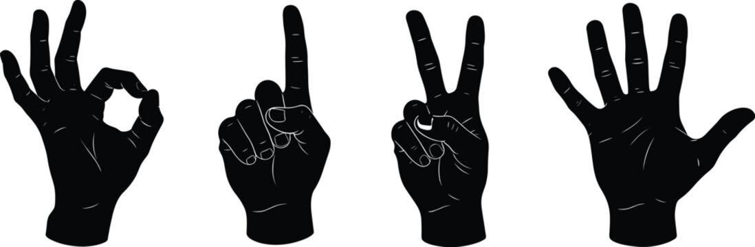 hand gesture silhouettes set, counting fingers signs, human communication symbols, black isolated vector, sign language concept, counting numbers gestures illustration