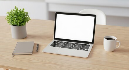 Fototapeta premium modern workspace featuring a laptop with a blank screen, a notebook, a potted plant, and a cup of coffee on a wooden desk.