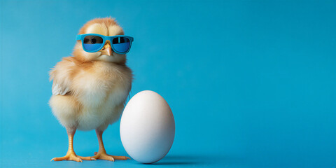 A fluffy yellow chick wearing blue sunglasses stands next to a pristine white egg high quality professional © PARUL