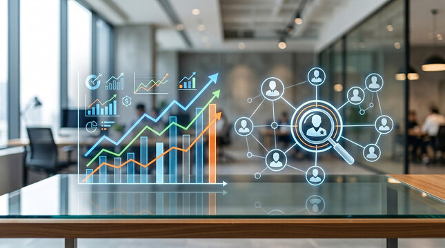 Interface num&eacute;rique avec graphiques illustrant performance et croissance