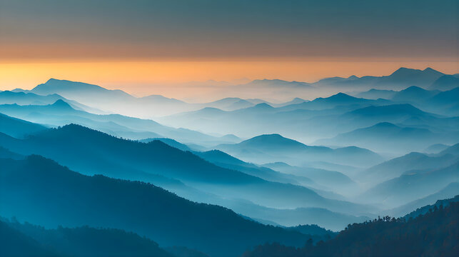 Overlapping misty mountain ranges create a serene landscape at sunset with layers of blue peaks fading into the orange sky conveying tranquility