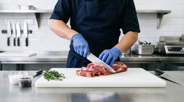 Boucher pr&eacute;parant de la viande avec &eacute;quipement professionnel