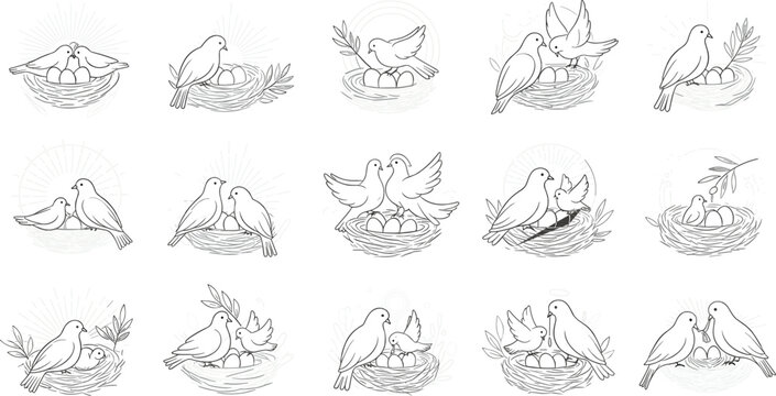 Title
Vector line art collection of bird nest vignettes featuring avian pairs eggs and hatchlings for minimalist nature and stationery designTitle
Vector line art collection of bird nest vignettes 