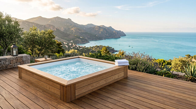 Piscine avec vue panoramique sur mer et montagnes dans un cadre luxueux