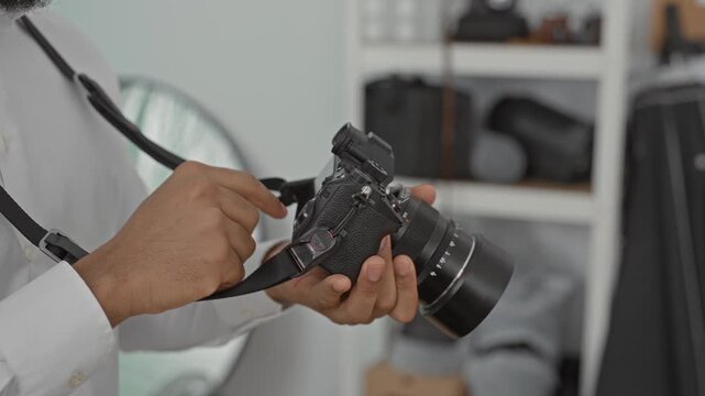 Man points finger to camera dial while holding lens and strap in a studio; concentration preparation.