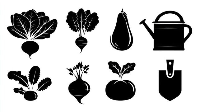 Collection of stylized black silhouette icons representing root vegetables gardening tools and produce