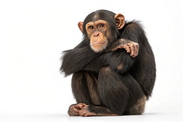 Naklejka premium Chimpanzee sits pensively, arms wrapped around itself