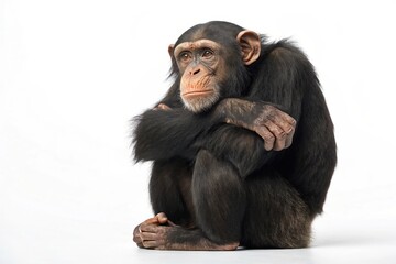 Fototapeta premium Chimpanzee sits against plain white background