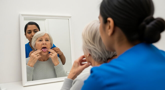 Geriatric patient undergoing speech therapy session with a professional therapist in a bright, clean clinic setting