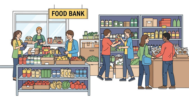 People receiving food donations at a community food bank.