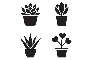 Fototapeta premium Four potted succulent plants displayed as simple black silhouettes