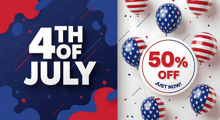 Obraz premium Celebrate the 4th of July with a 50% off sale, featuring patriotic balloons and festive decorations.