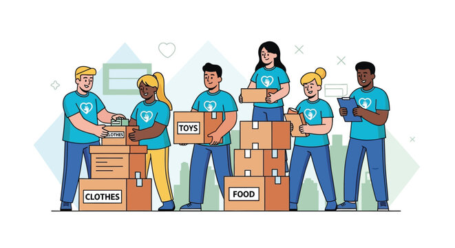 Diverse group of volunteers packing donation boxes for charity.