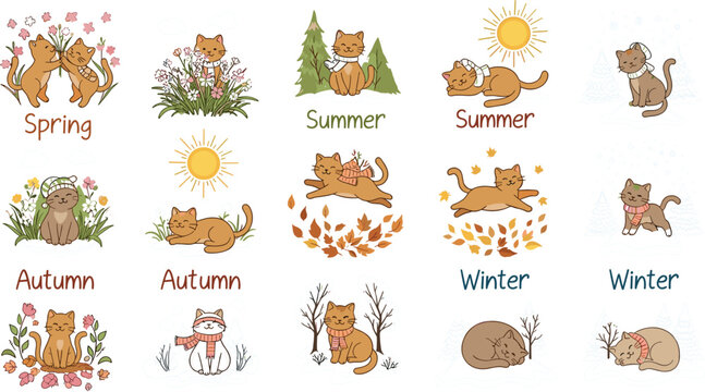 Vector illustration set of cute cats in seasonal nature settings featuring spring flowers summer sun autumn leaves and winter snow scenesVector illustration set of cute cats in seasonal nature 
