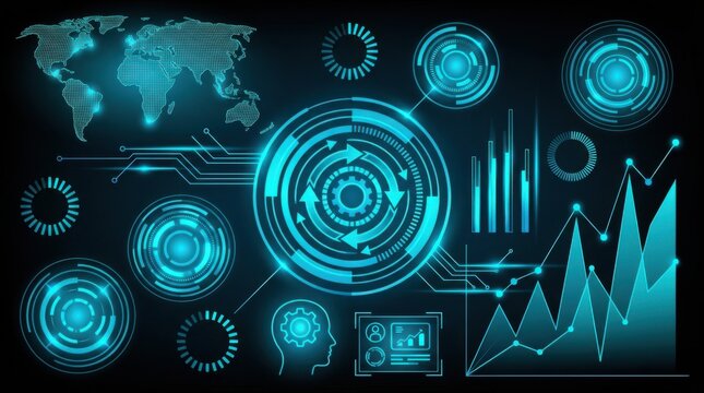 Glowing blue digital infographic dashboard with world map charts data icons and geometric interface.
