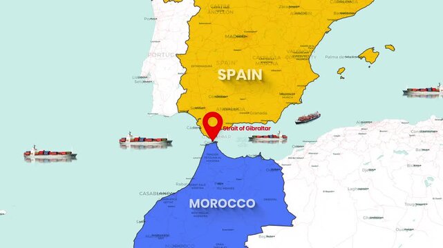 Strait of Gibraltar Location Highlight Animation Between Spain and Morocco