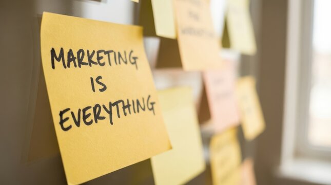 Marketing is everything written on yellow sticky note attached to glass surface in creative workspace.