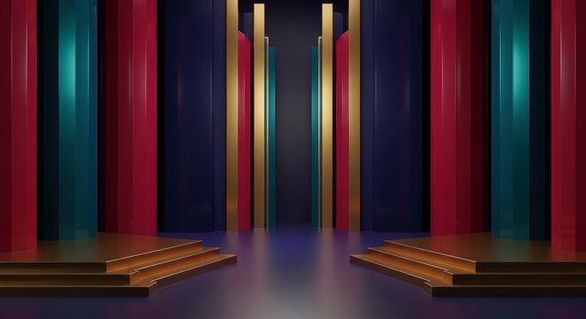 Luxurious Golden Staircase Leads To An Architectural Display Of Tall Vertical Columns In Deep Blue