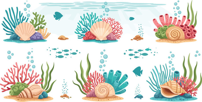 Vibrant and Colorful Underwater Coral Reef Scene Set with Seashells, Fish, and Bubbles for Ocean, Nature, and Marine Life Themed Designs, Vector Illustration