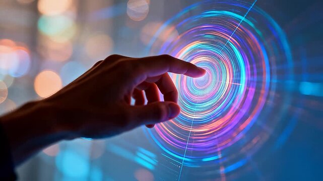 Silhouette hand reaching towards colorful holographic circular interface