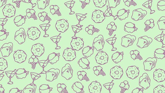 Handdrawn doodle food pattern with donuts, bread, ice cream, and martini glasses. Perfect for menu design, packaging, and backgrounds.