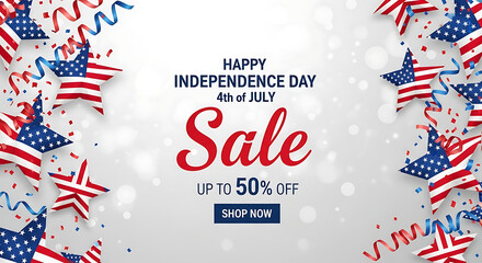Fototapeta premium Happy Independence Day Sale Up to 50% Off with American Flags and Confetti.