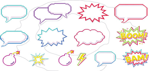 Comic Speech Bubble and Explosion Icon Set with Boom and Bam Text, Retro Pop Art Style Elements for Chat Messages, Stickers, UI Design and Graphic Illustration © Ruma
