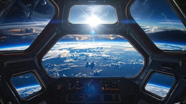 View of Earth from a spaceship window, showcasing the planet's beauty and vastness.