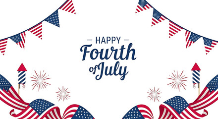 Fototapeta premium Happy Fourth of July celebration with American flags, bunting, and fireworks.