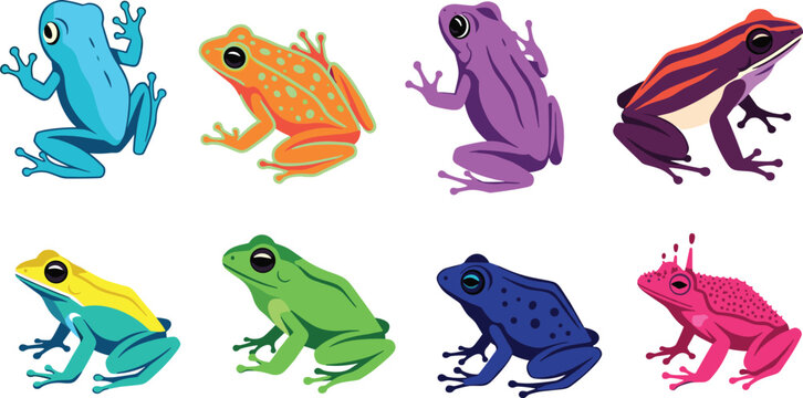 Colorful Vector Set of Frogs in Different Colors and Patterns for Nature, Wildlife, and Animal-Themed Designs