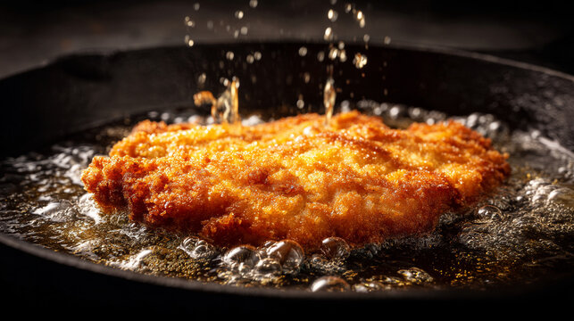 A golden fried schnitzel sizzles with oil splattering.