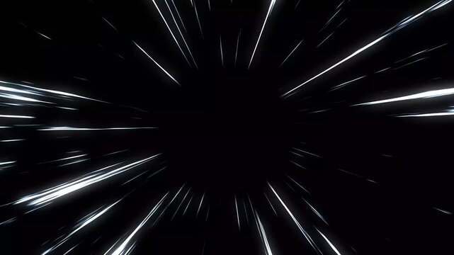 Dynamic manga speed lines animation loop, radial zoom burst from center, high speed comic motion background, white streaks on black, flash action overlay effect for anime videos in 4k resolution